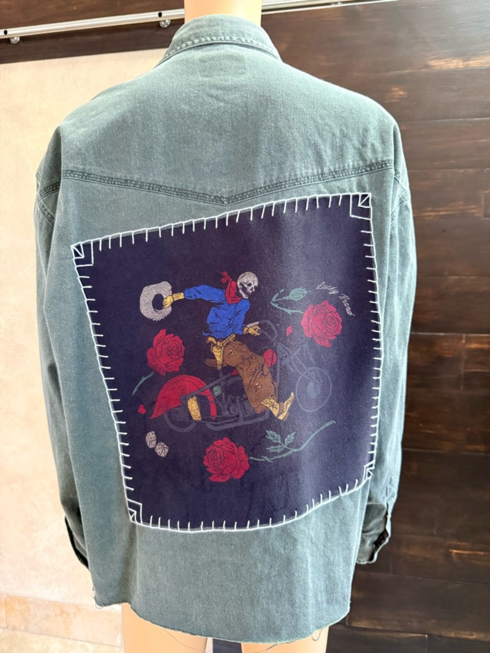 Upcycled Ridge Rider Skeleton Cowboy Green Distressed Shacket Men's M